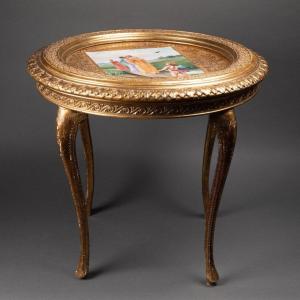 Small Table In Golden Wood, Decorated In Porcelain, Austria, 1920