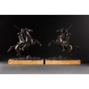 Pair Of Patinated Bronze Rider On Horse 19th Century