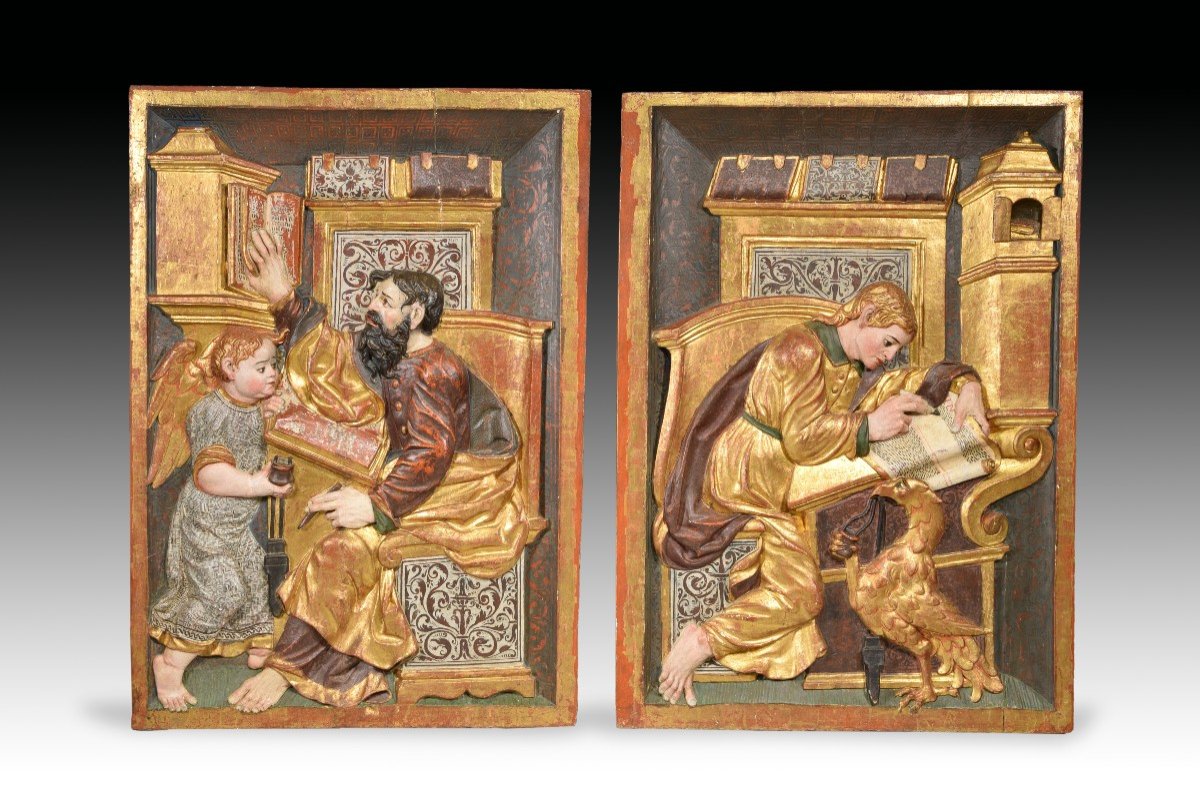 Reliefs, Saint Jean Et Saint Matthieu. Bois Polychrome. Peut-être  école De Burgos, XV Siècle.