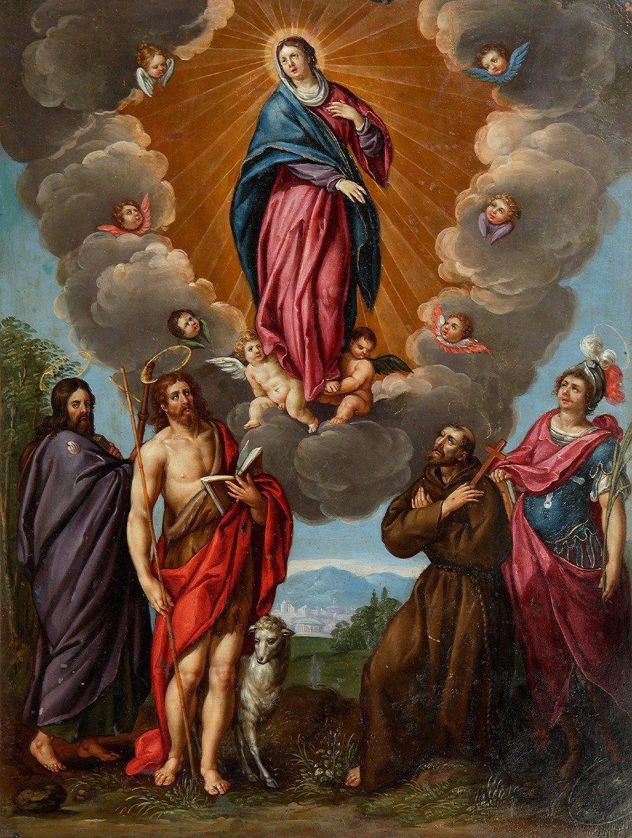 Cercle De Van De Kasteele, Frans  "vierge Avec Anges Et Saints.” Oil On Copper. Ebony Frame-photo-4