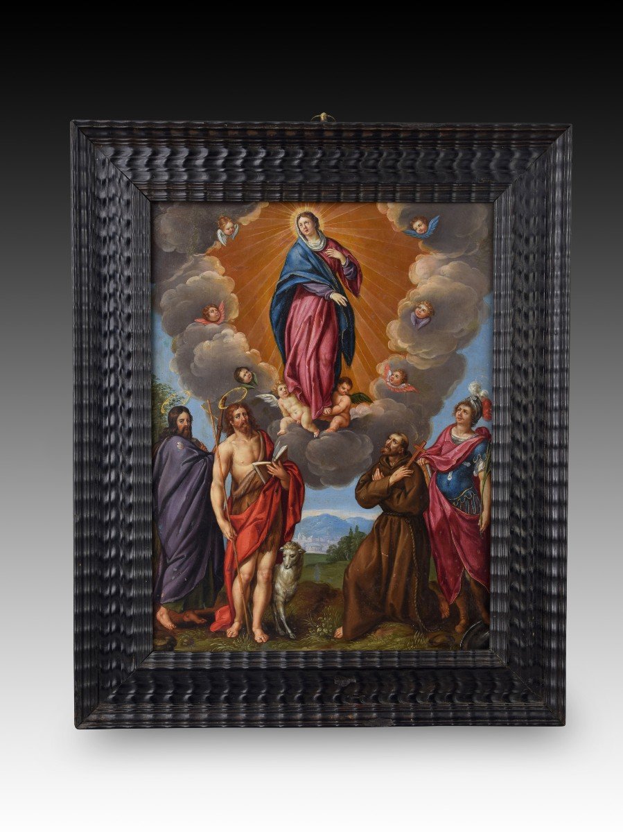 Cercle De Van De Kasteele, Frans  "vierge Avec Anges Et Saints.” Oil On Copper. Ebony Frame
