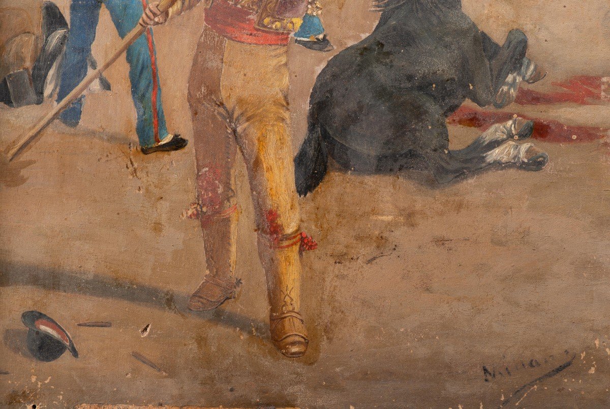 Bullfighting Scene Oil On Panel, Early 20th Century. -photo-3