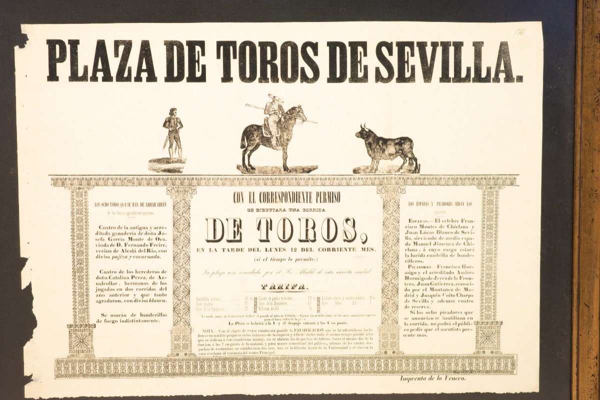 Affiche De Tauromachie. Papier Imprimé, Encadrée. Séville, Espagne, XIX-photo-2