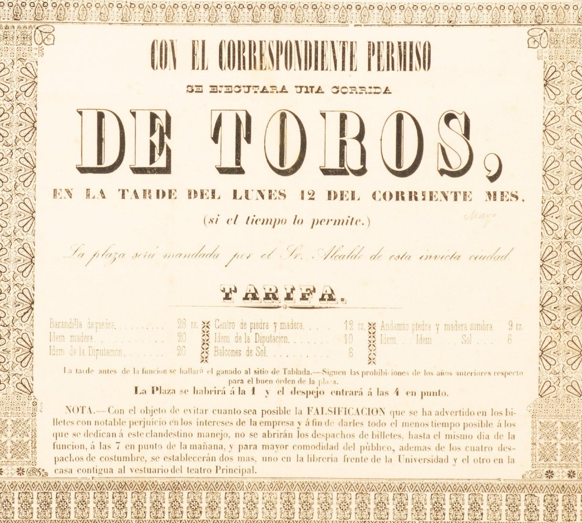 Affiche De Tauromachie. Papier Imprimé, Encadrée. Séville, Espagne, XIX-photo-3