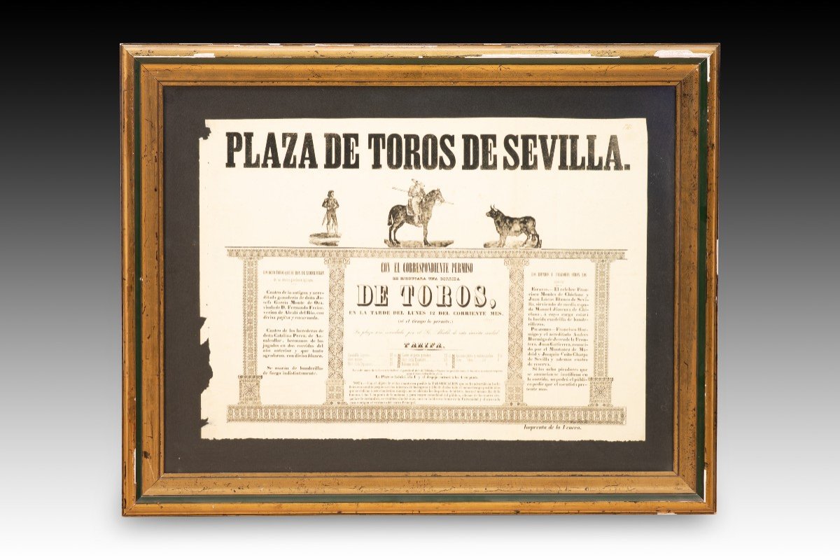 Affiche De Tauromachie. Papier Imprimé, Encadrée. Séville, Espagne, XIX