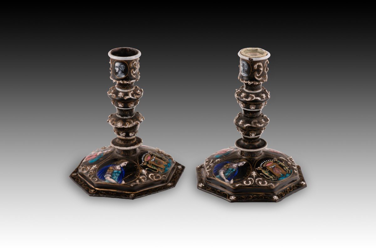 Pair Of Candlesticks. Metal, Enamel. Limoges, France, 19th Century. -photo-1