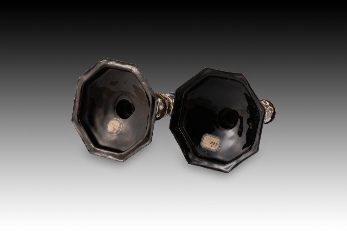 Pair Of Candlesticks. Metal, Enamel. Limoges, France, 19th Century. -photo-2