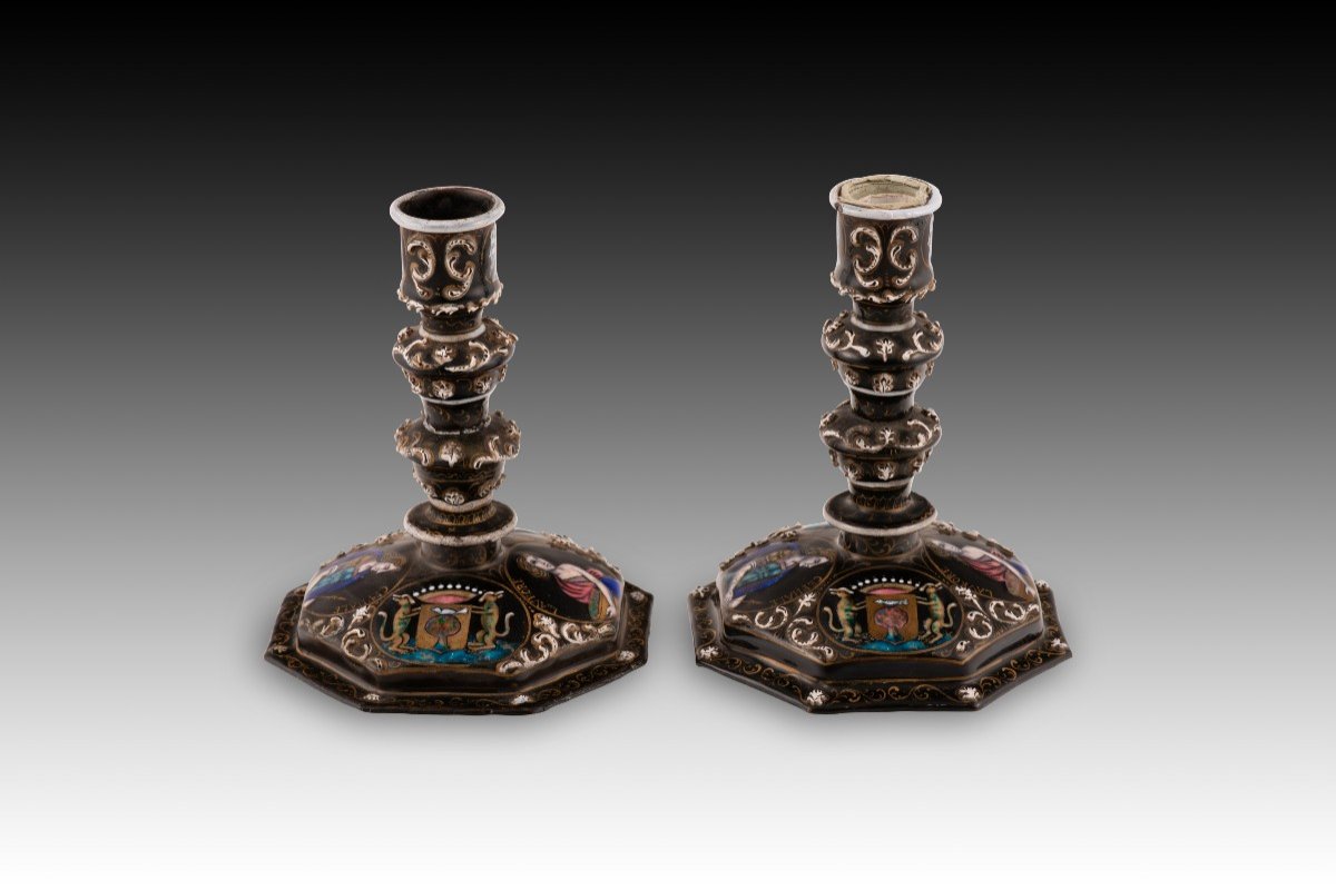 Pair Of Candlesticks. Metal, Enamel. Limoges, France, 19th Century. 