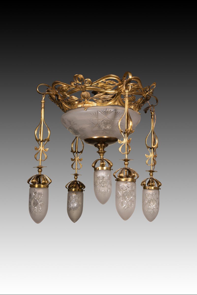 Art Nouveau Ceiling Light. Metal, Glass. Circa 1900.  -photo-2