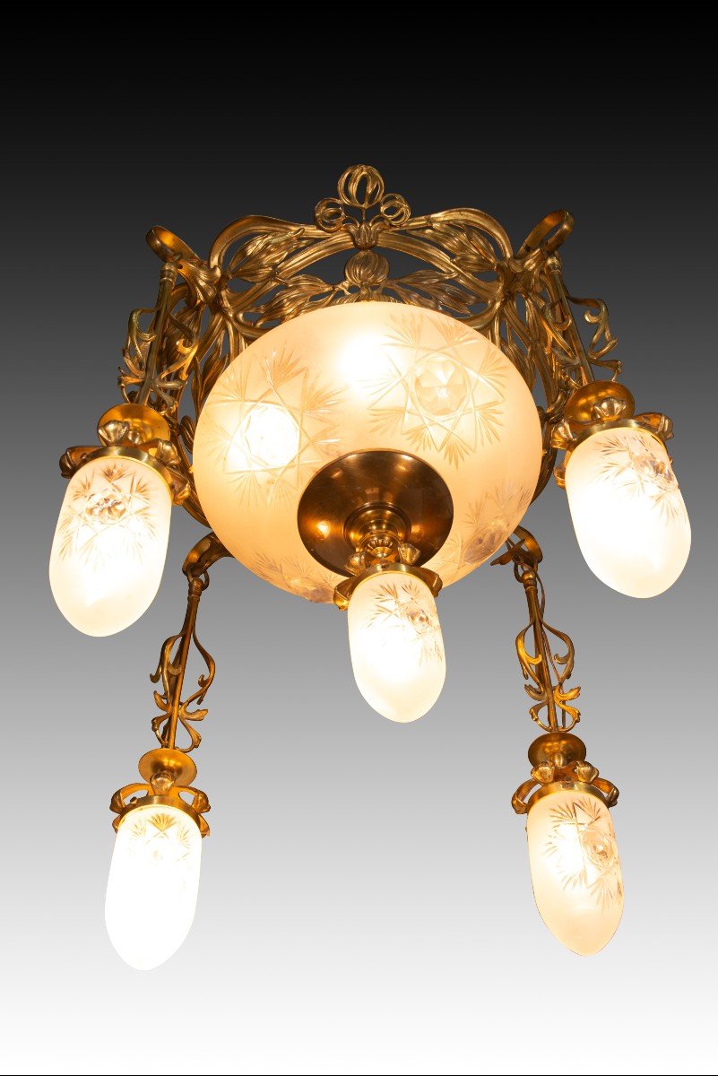 Art Nouveau Ceiling Light. Metal, Glass. Circa 1900.  -photo-6