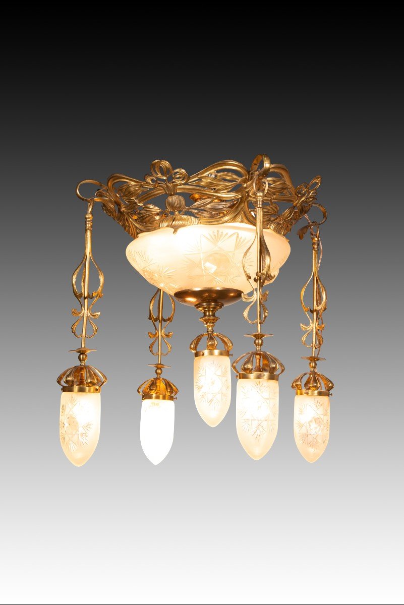 Art Nouveau Ceiling Light. Metal, Glass. Circa 1900.  