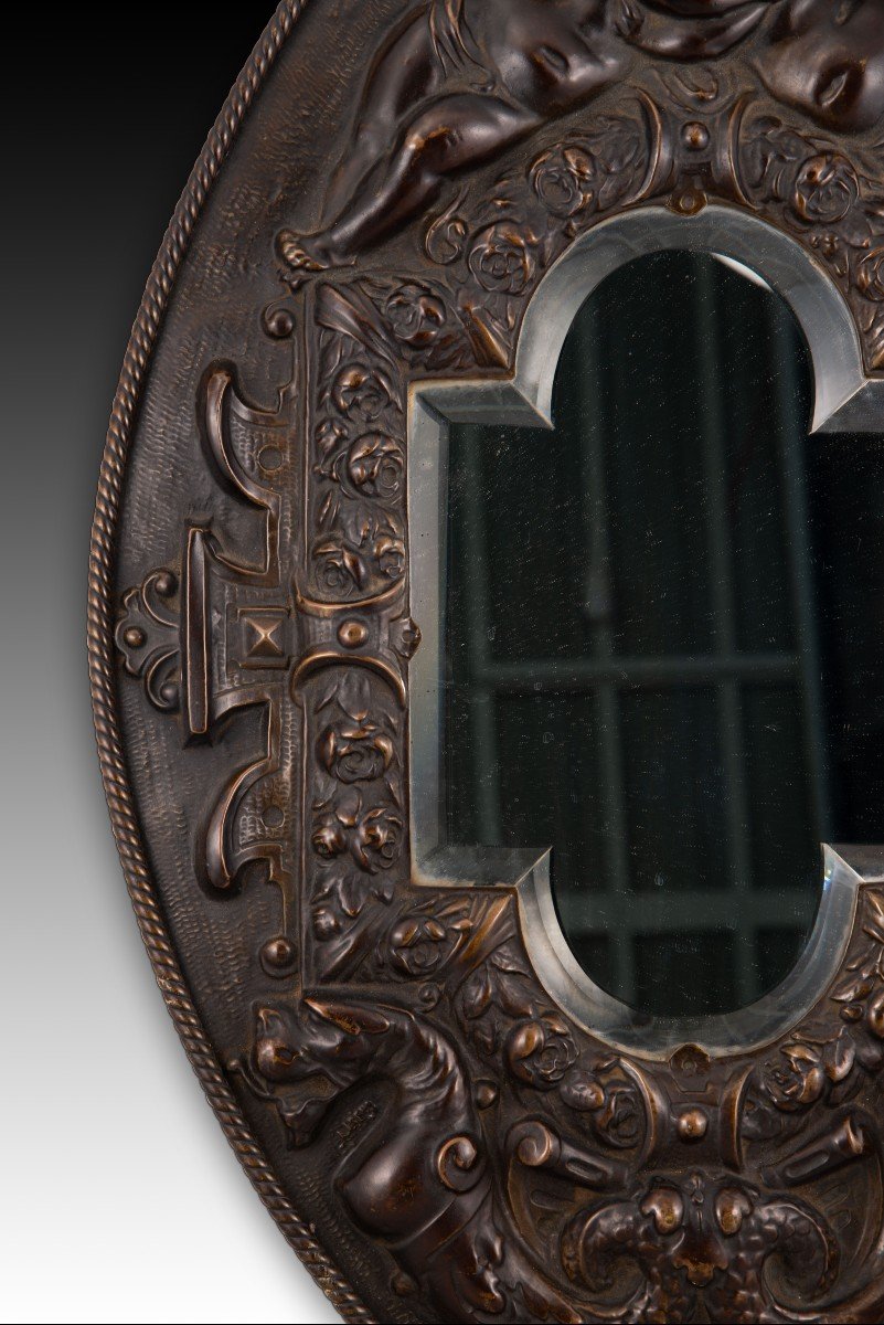 Mirror. Repoussé Metal, Glass. 19th Century.  -photo-3