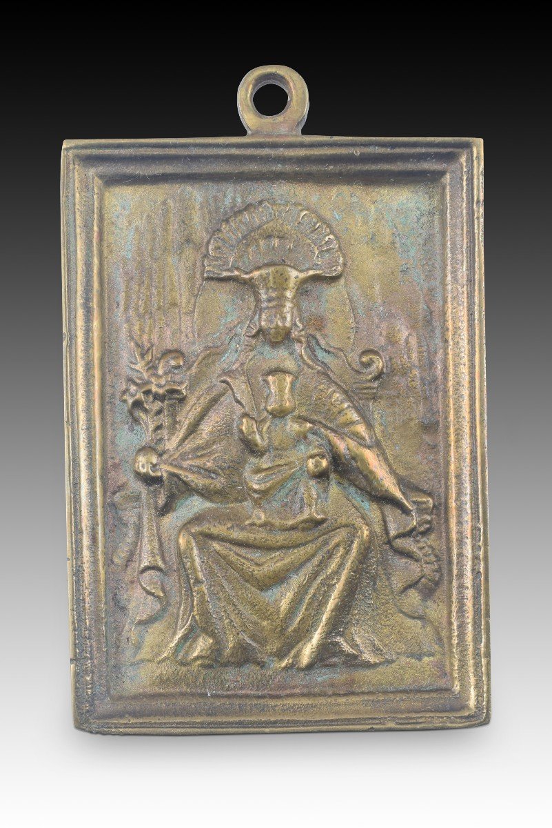 Plaque De Dévotion, Vierge De Montserrat Et De La Montagne. Bronze. école Espagnole, XIXe S