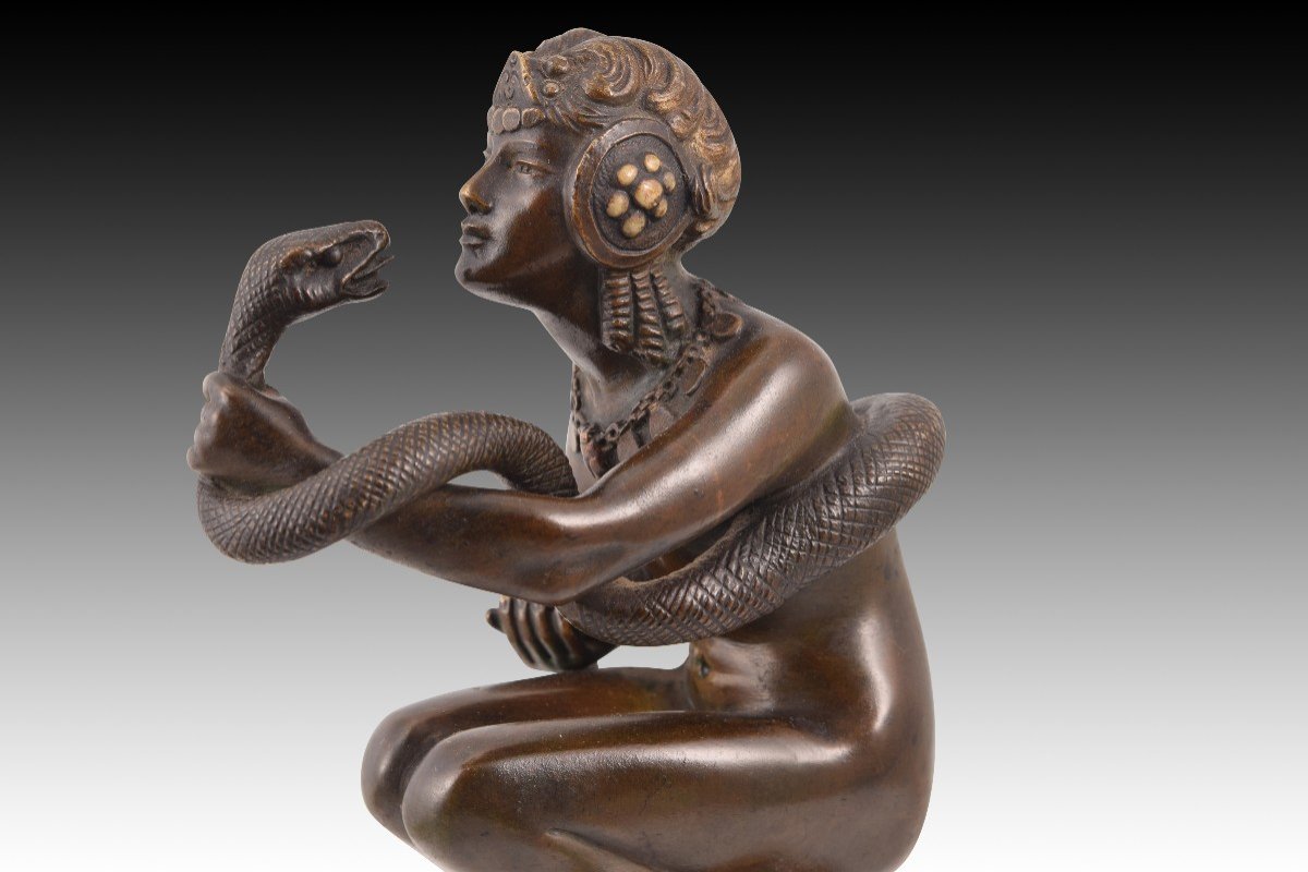 Dancer With A Serpent Or Cleopatra. Bronze, Marble. Devenet, Claude-marie (1851-paris, 1931)-photo-3