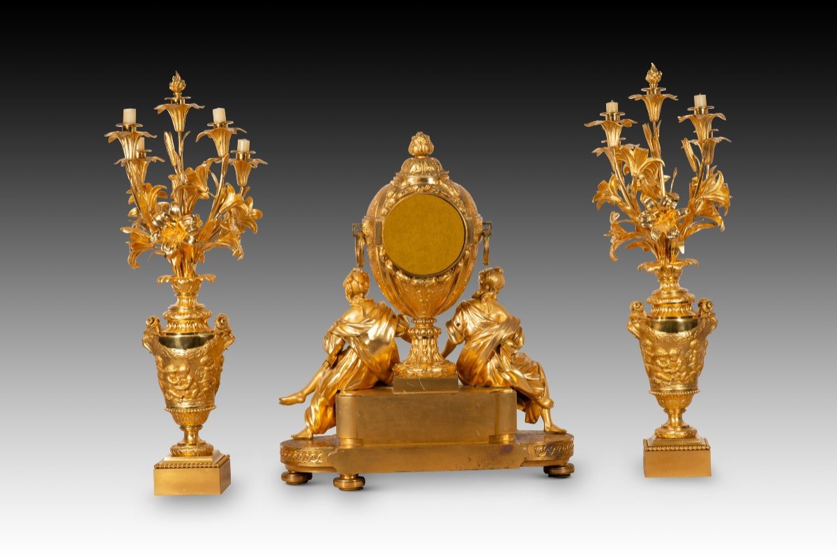 Garniture, Clock And Two Candlesticks. Gilt Bronze. Henri Picard And Victor Paillard. Paris...-photo-4