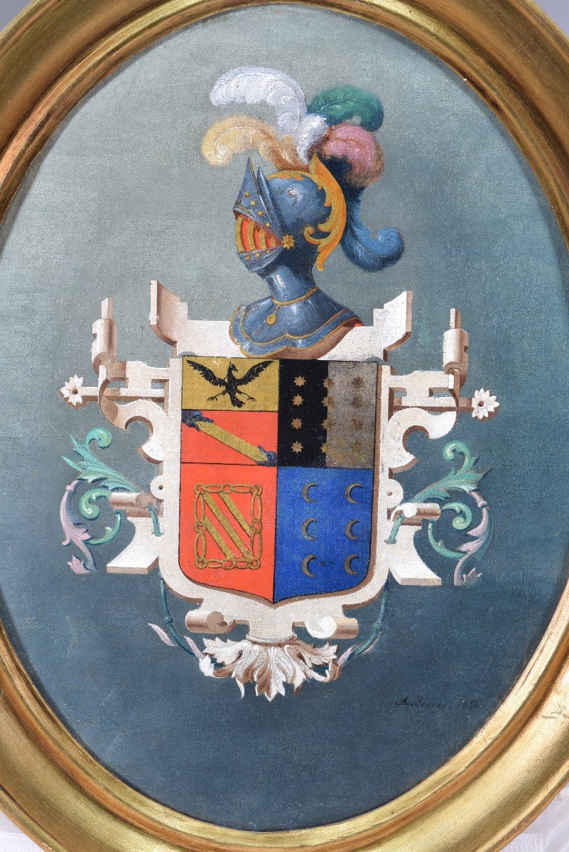 Bouclier Héraldique. Huile Sur Toile. Torres, A. école Espagnole, 1856. -photo-2