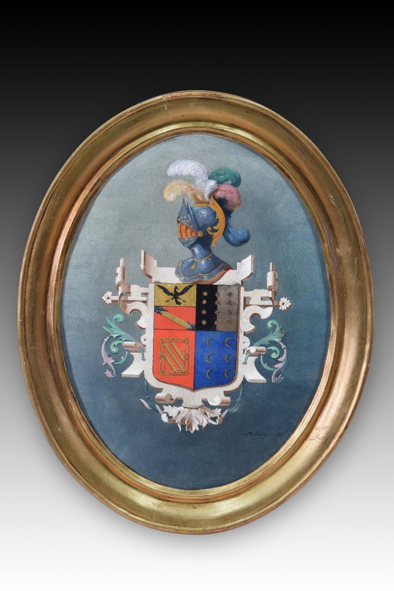 Bouclier Héraldique. Huile Sur Toile. Torres, A. école Espagnole, 1856. 