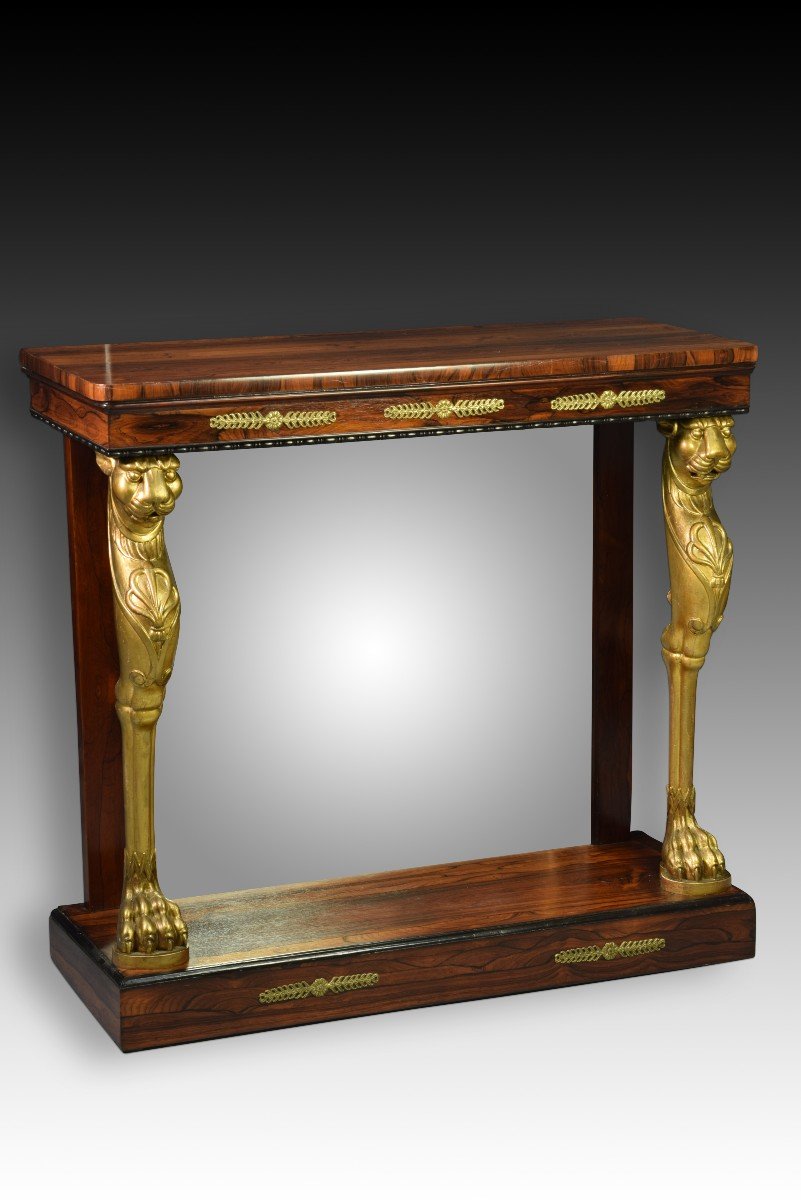 Console De Style Régence Anglaise. Bois De Rose, Bois Doré, Bronze, Miroir.  XIXe siècle-photo-3