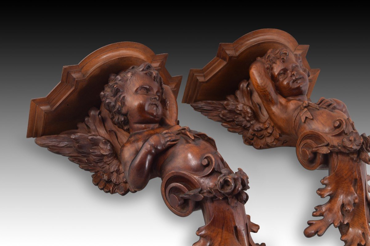 Pair Of Carved Wooden Corbels. Venice, 19th Century.  -photo-2
