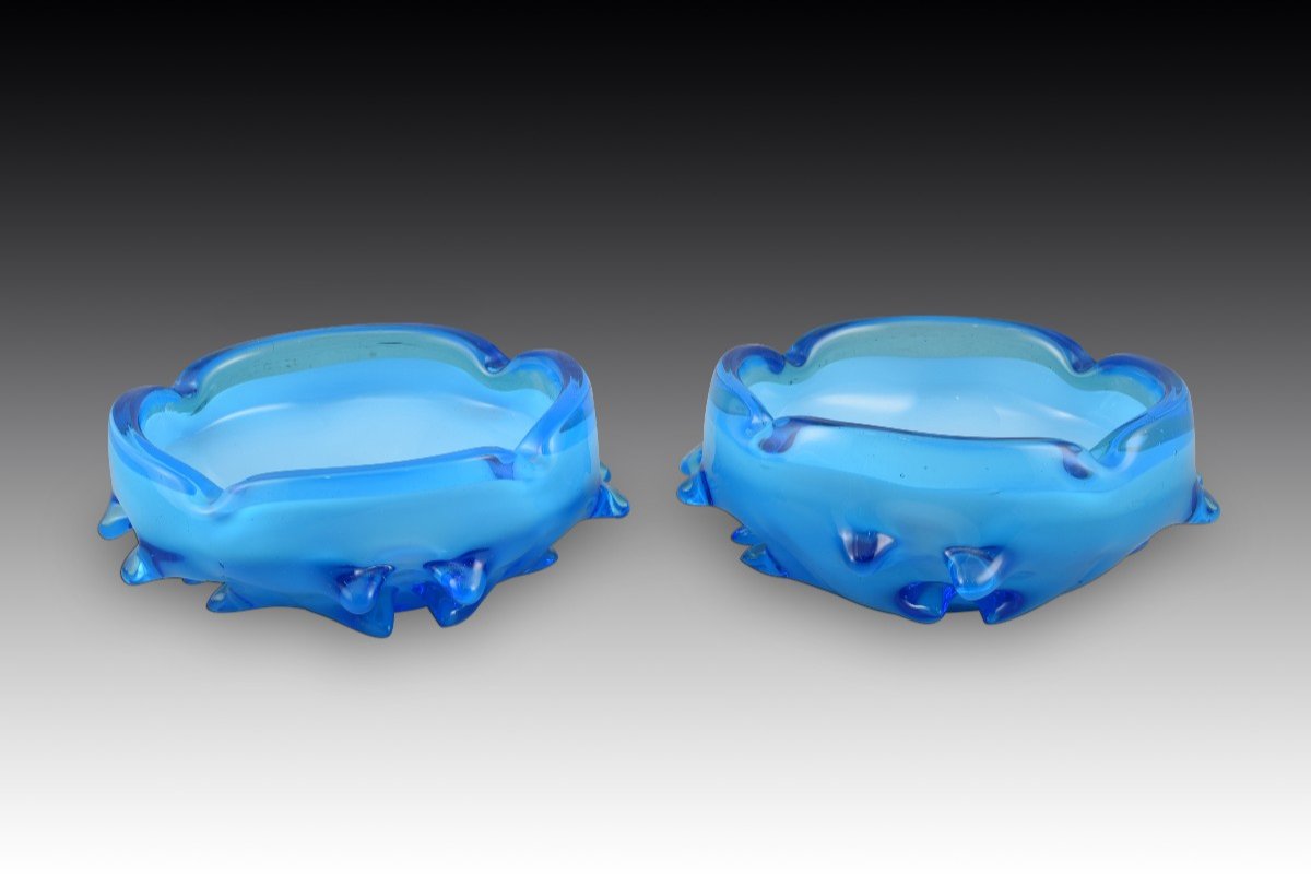 Pair Of Ashtrays. Blue Glass. Murano, Italy, 20th Century. 