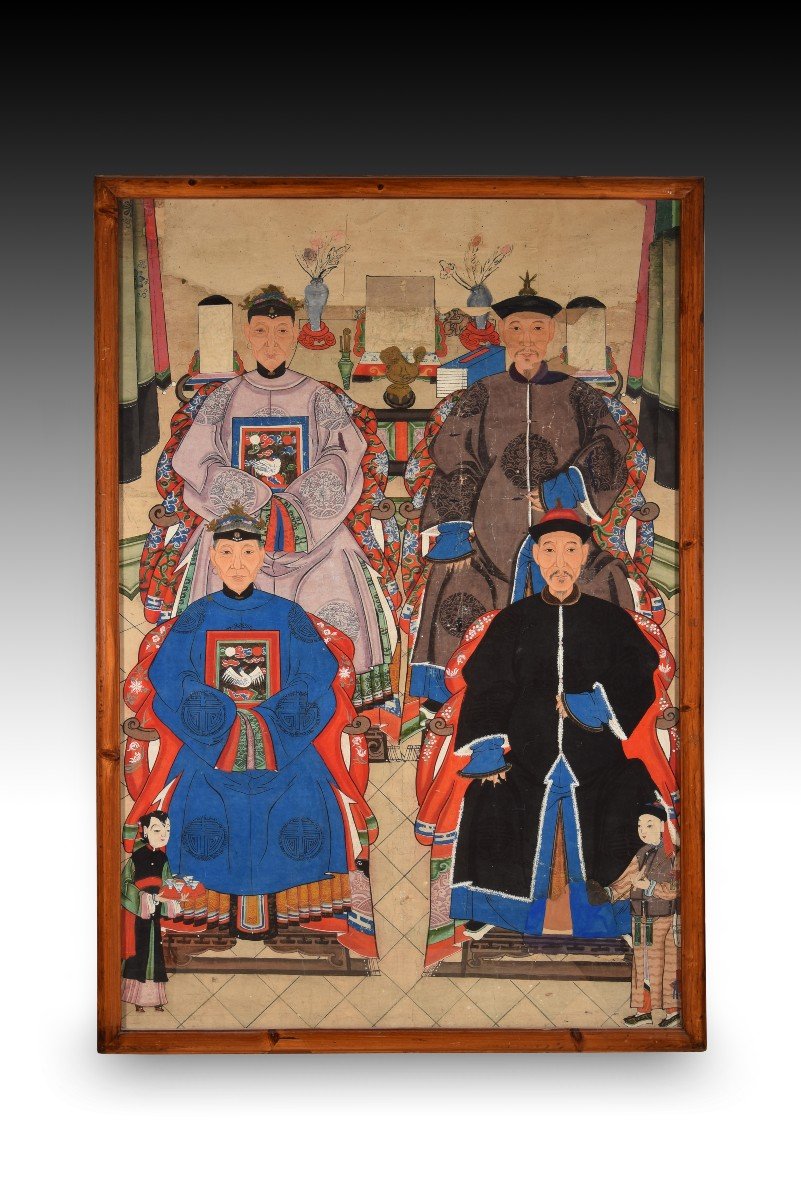 Portrait Of Ancestors Or Family. Watercolor. China. Early 20th Century. 