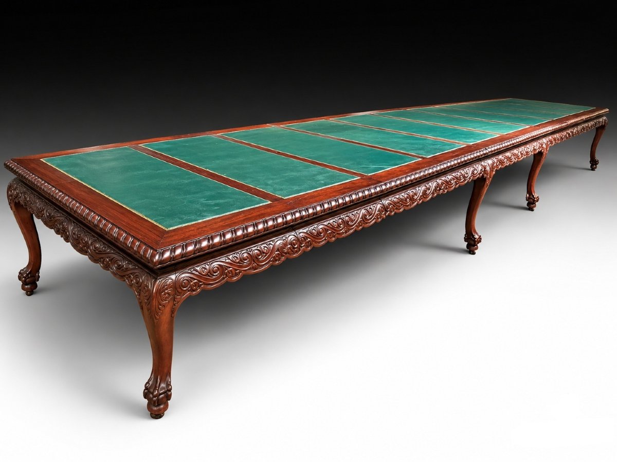 Table Extensible (6 Mètres). Bois d'Acajou, Métal, Cuir, Etc. Angleterre, Vers 1930. 