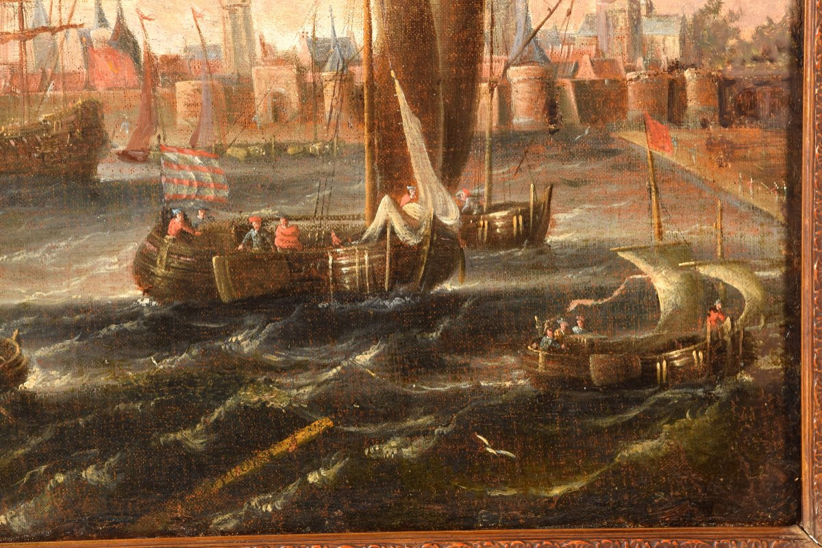 View Of The Port Of Antwerp. Oil On Canvas. Flemish School, 18th Century. -photo-1