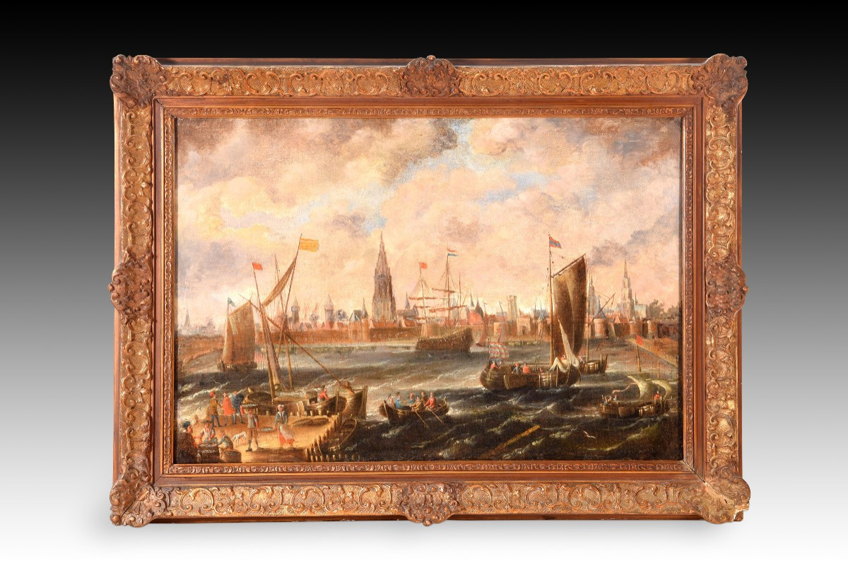 View Of The Port Of Antwerp. Oil On Canvas. Flemish School, 18th Century. 
