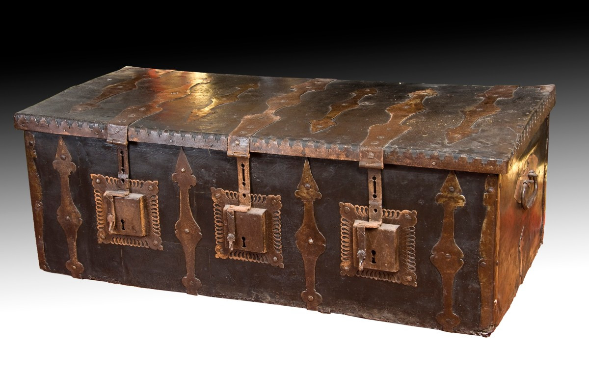 Chest With Three Locks. Wood, Leather, Wrought Iron. Circa 1600. 