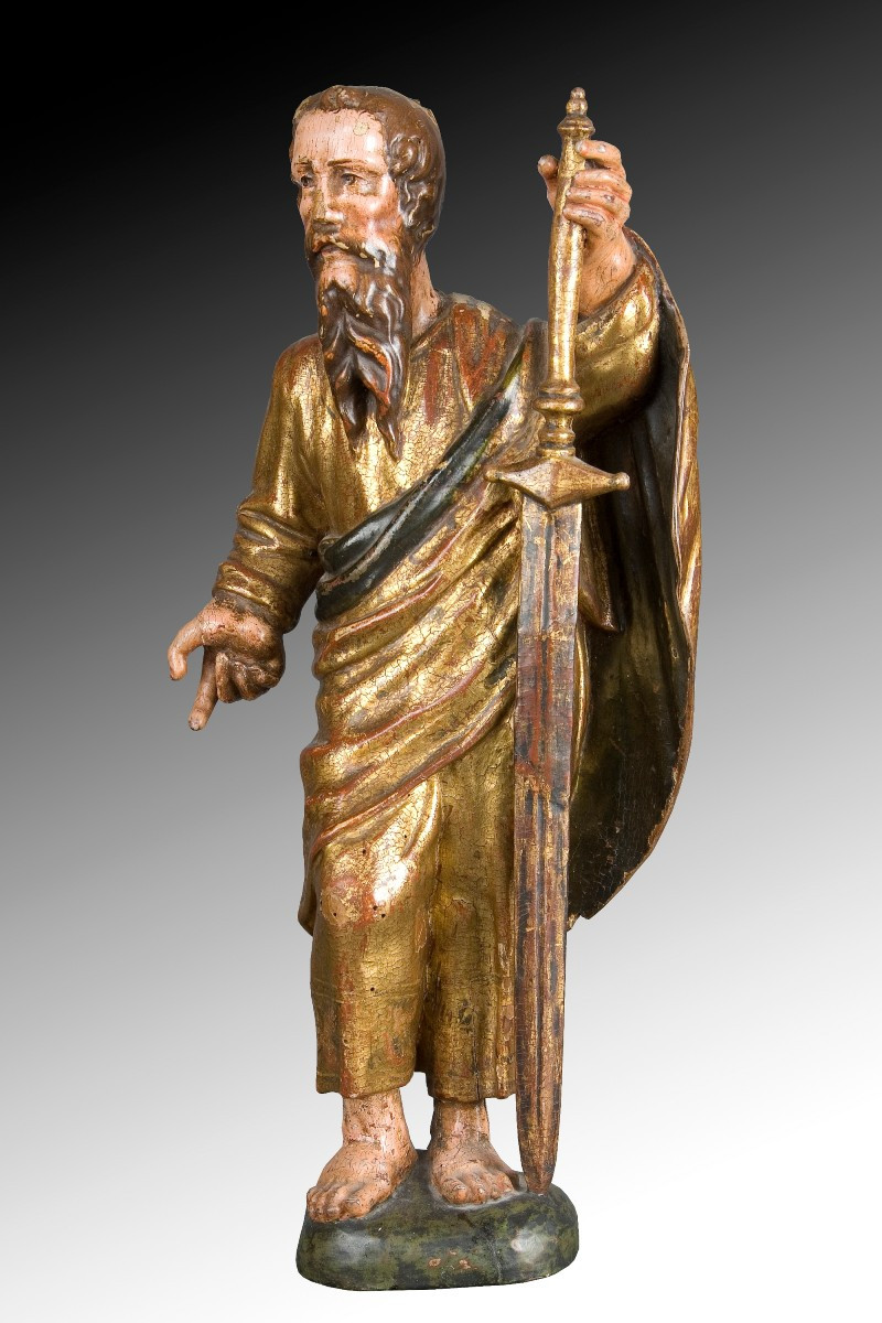 école Espagnole Du XVIe Siècle. « Saint Paul ».  Bois Sculpté Et Polychrome. 