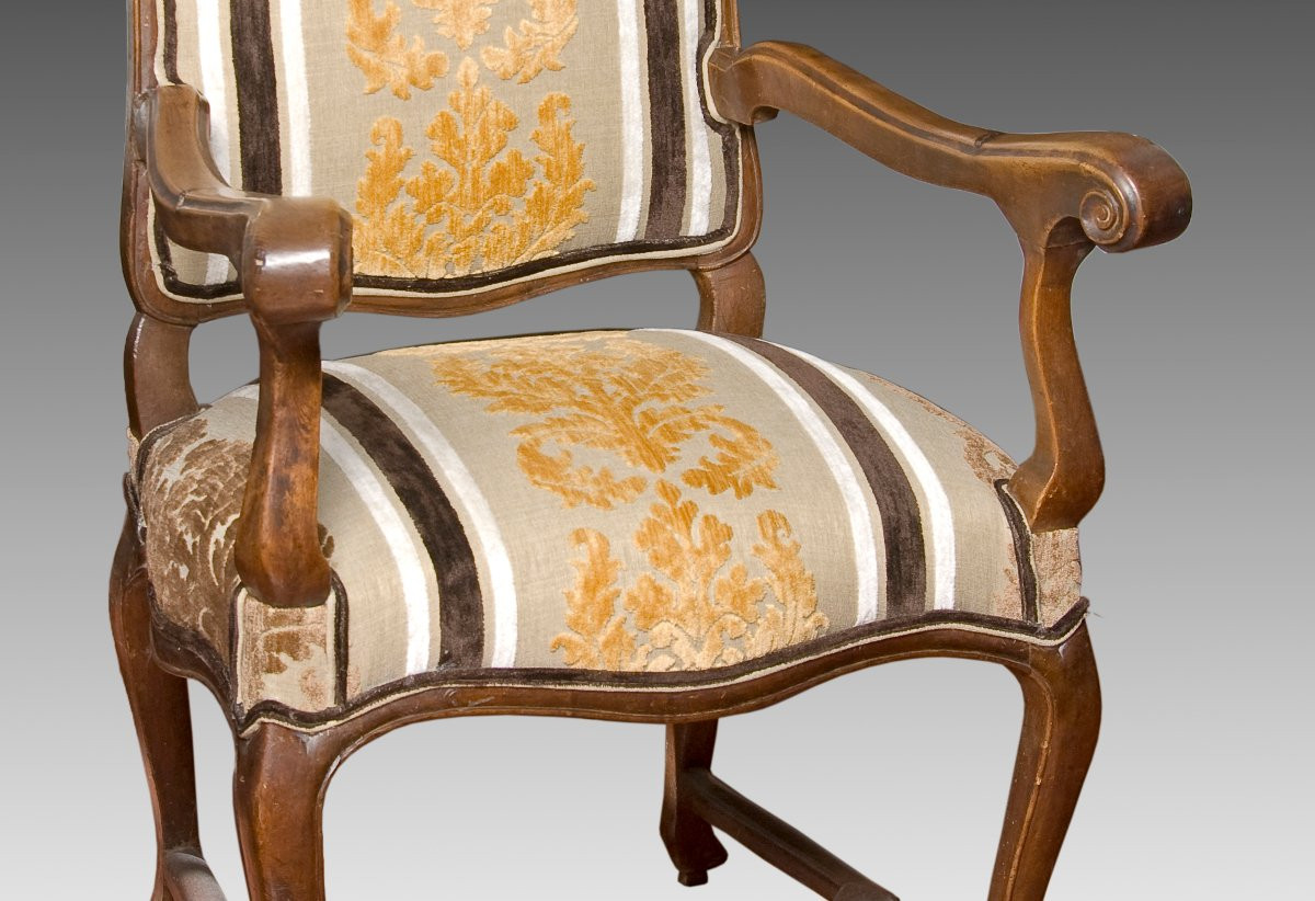 Carved, Gilded, And Colored Walnut Armchair. 18th Century, With Current Upholstery. -photo-3