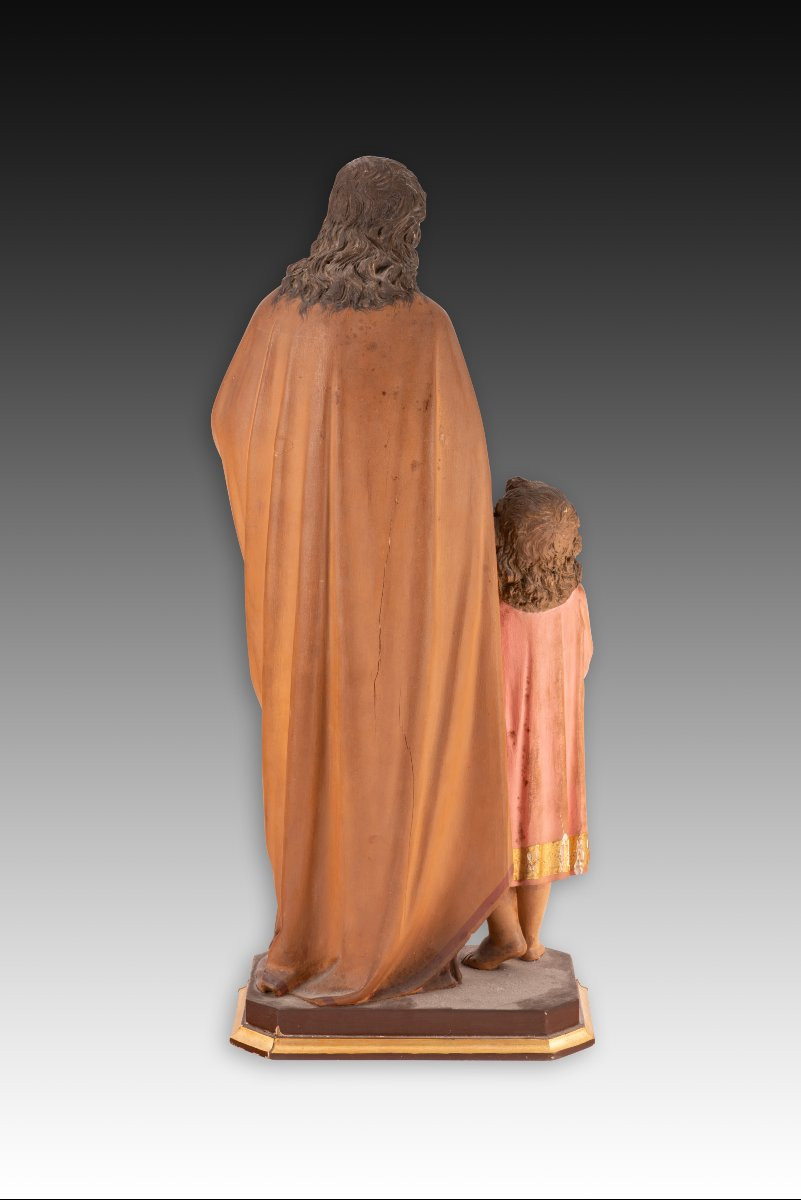 Saint Joseph Avec l'Enfant Jésus. Bois Polychrome. école Espagnole, XIXe Siècle. -photo-1