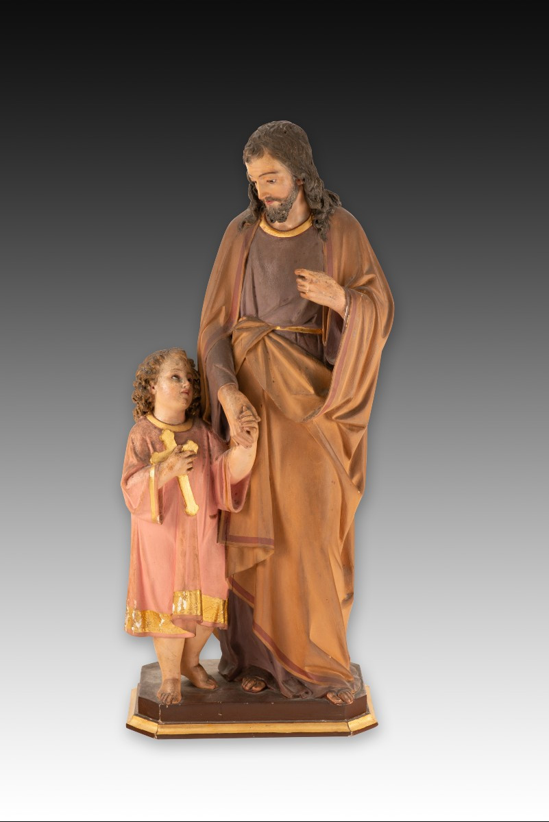 Saint Joseph Avec l'Enfant Jésus. Bois Polychrome. école Espagnole, XIXe Siècle. 