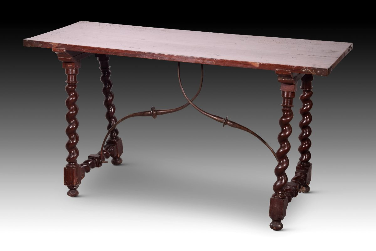 Bargueñera Table With Solomonic Legs. Pine And Beech Wood, Iron. 18th Century. -photo-2