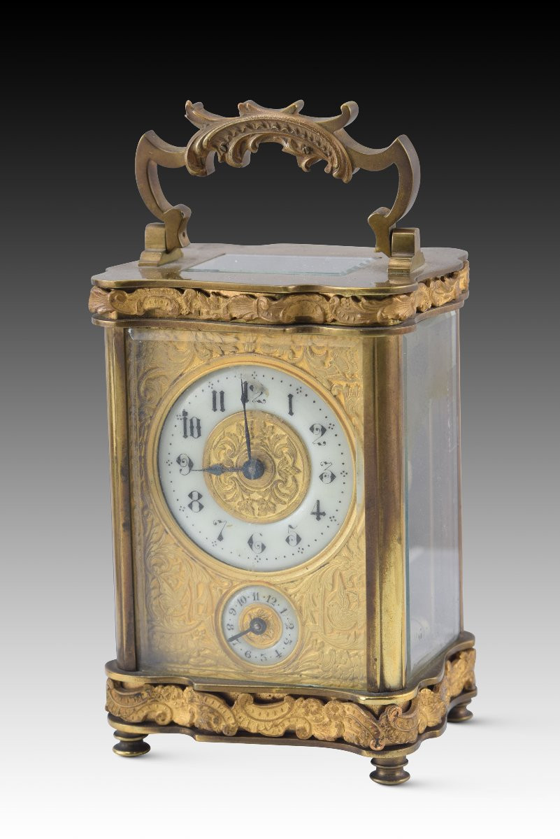 Travel Clock With Case. Metal, Glass, Leather, Etc. 19th Century. -photo-2