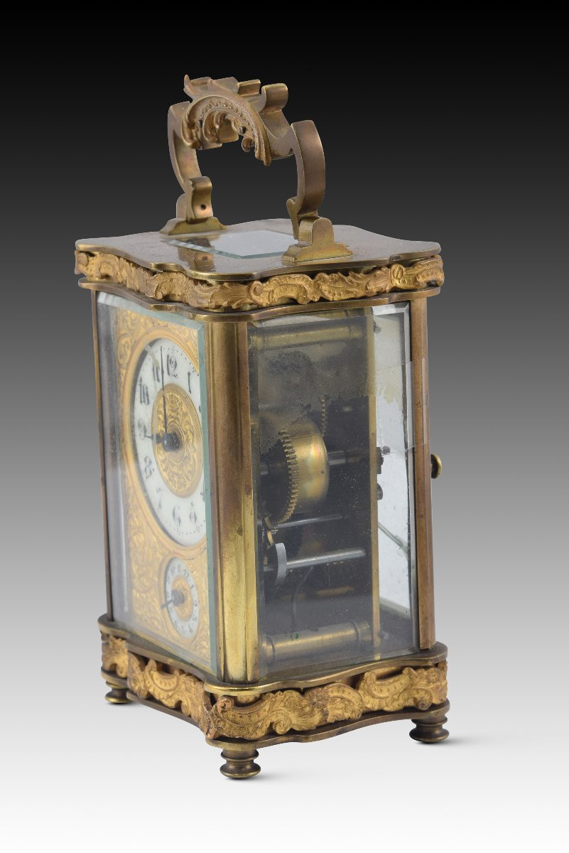 Travel Clock With Case. Metal, Glass, Leather, Etc. 19th Century. -photo-3