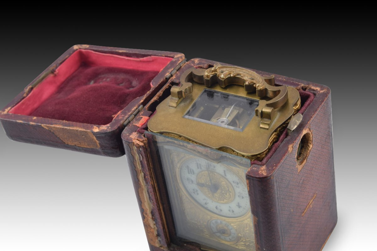 Travel Clock With Case. Metal, Glass, Leather, Etc. 19th Century. -photo-4