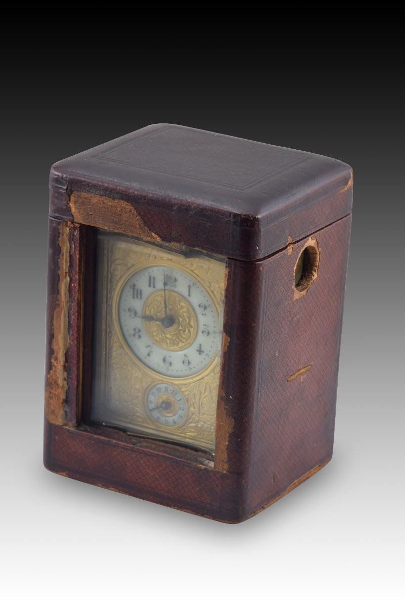 Travel Clock With Case. Metal, Glass, Leather, Etc. 19th Century. -photo-5