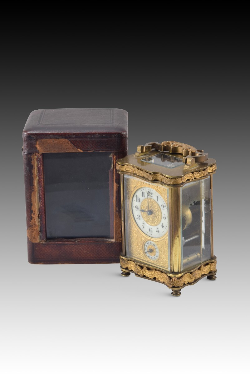 Travel Clock With Case. Metal, Glass, Leather, Etc. 19th Century. 
