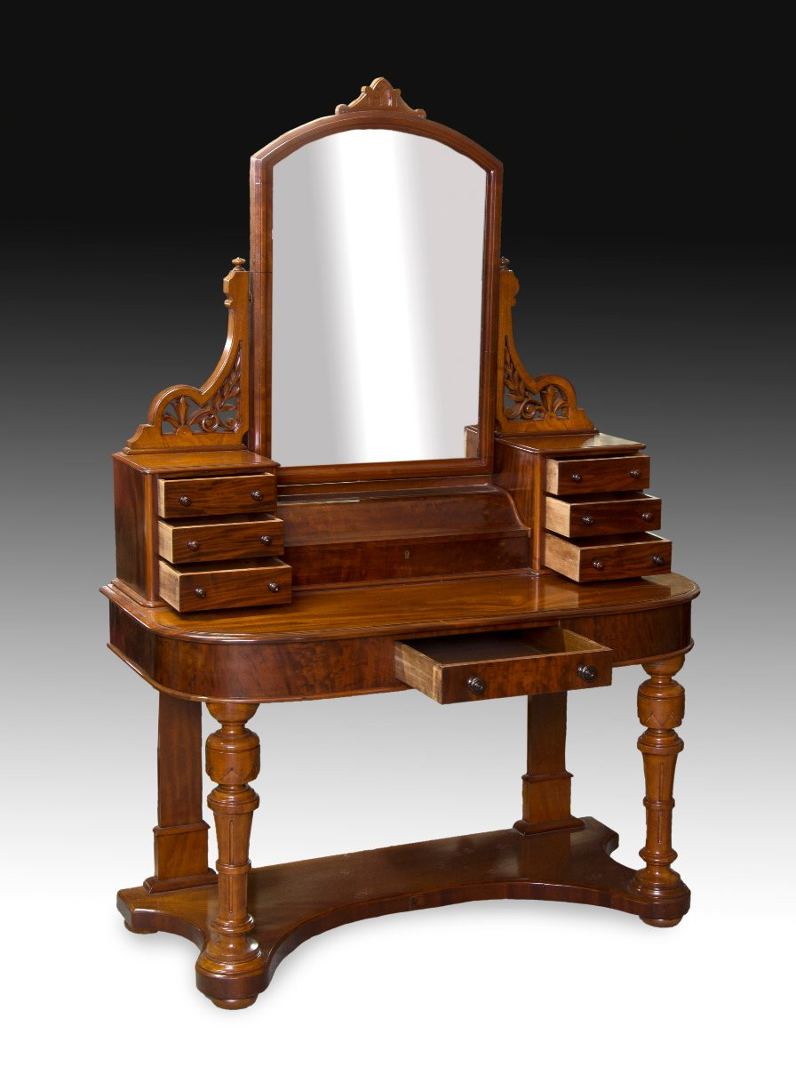 Coiffeuse Victorienne. Acajou, Métal, Verre. Angleterre, XIXe Siècle. -photo-2