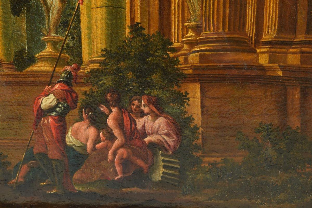 Paysage Avec Ruines Classiques. Huile Sur Toile. Attribuée à Giner, Vicente (ca. 1636-1681). -photo-1