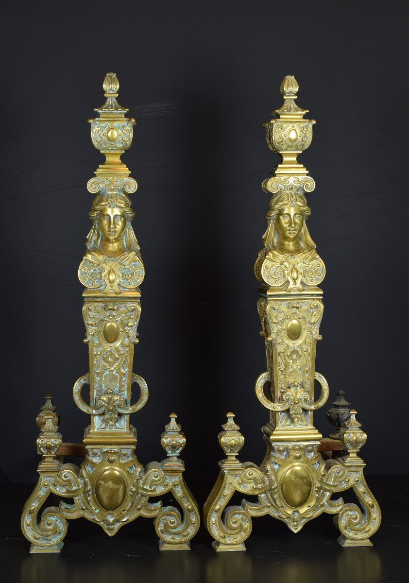 Paire De Chenets Avec Protection De Cheminée En Bronze. France, XIXe Siècle.  -photo-2