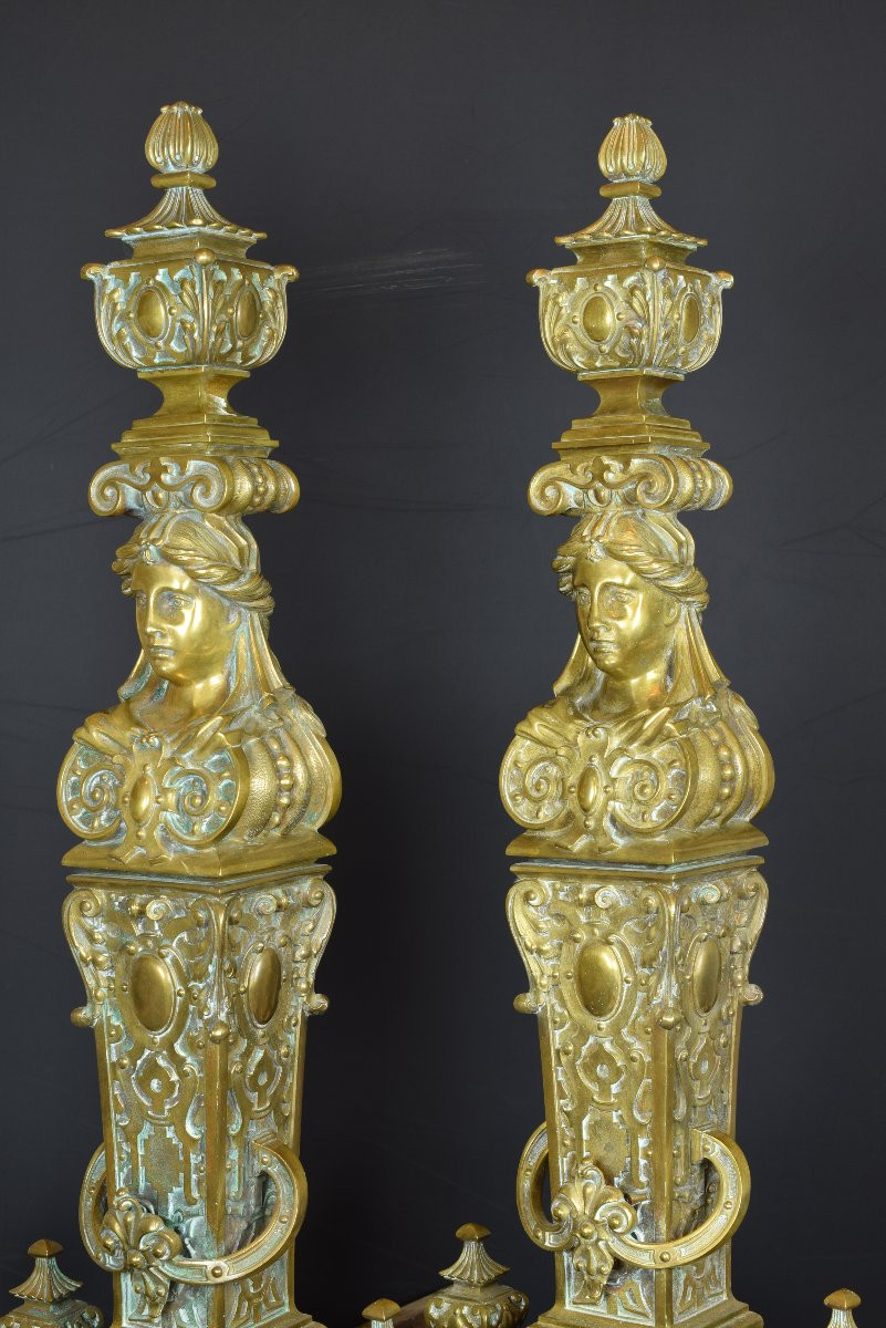 Paire De Chenets Avec Protection De Cheminée En Bronze. France, XIXe Siècle.  -photo-3