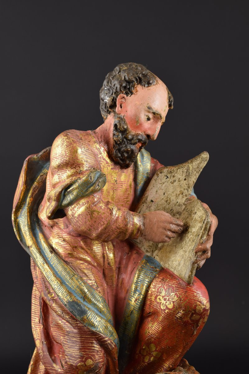Polychrome And Upholstered Wooden Sculpture. "saint Luke The Evangelist." 16th Century. -photo-1