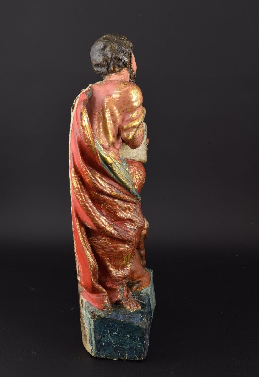 Polychrome And Upholstered Wooden Sculpture. "saint Luke The Evangelist." 16th Century. -photo-4