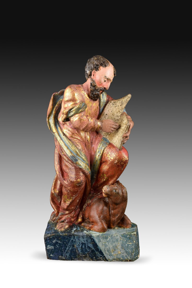 Polychrome And Upholstered Wooden Sculpture. "saint Luke The Evangelist." 16th Century. 