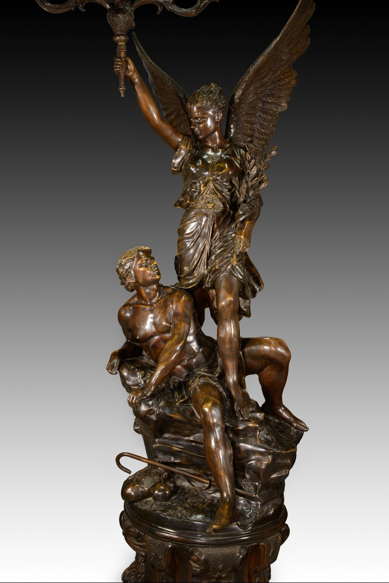 Sculpture And Candelabra, The Genius Of Progress. Bronze. 20th Century, After Picault, Emile -photo-4
