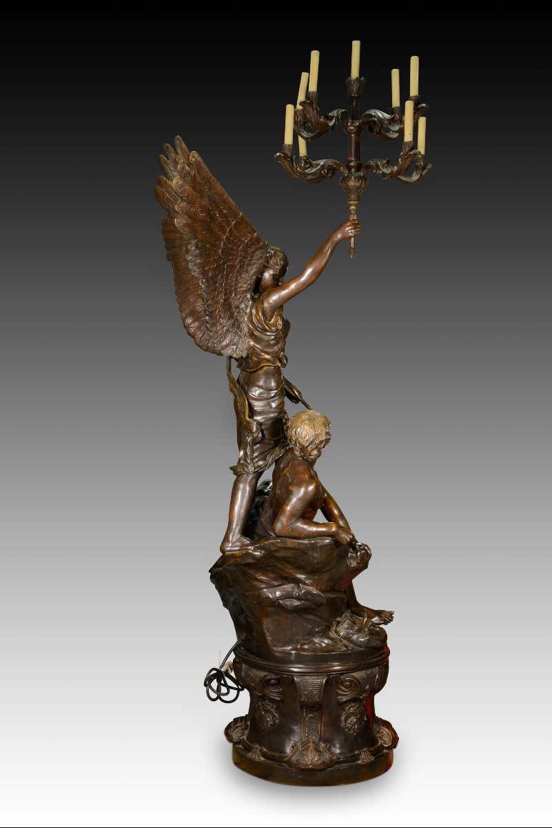 Sculpture And Candelabra, The Genius Of Progress. Bronze. 20th Century, After Picault, Emile -photo-2