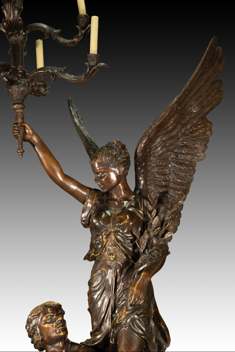Sculpture And Candelabra, The Genius Of Progress. Bronze. 20th Century, After Picault, Emile -photo-6