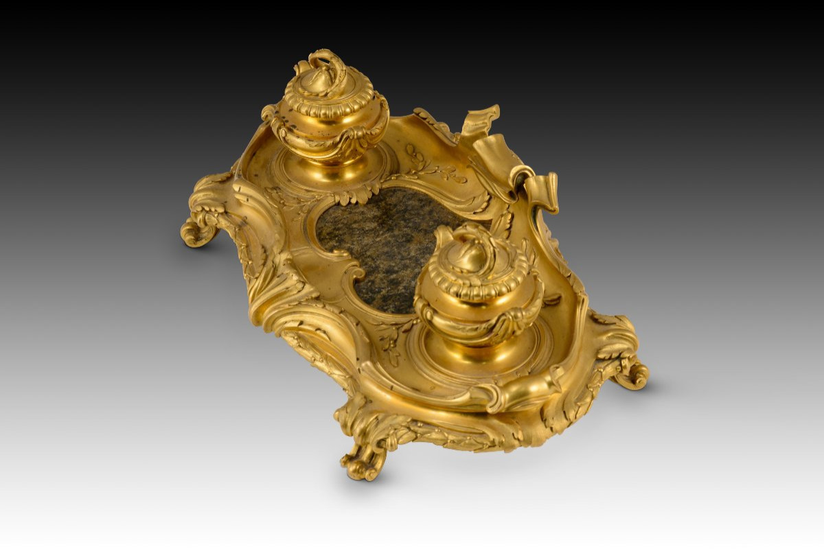 Bureau De Style Louis XV. Bronze Doré, Pierre. Peut-être école Française, 19e Siècle. -photo-2